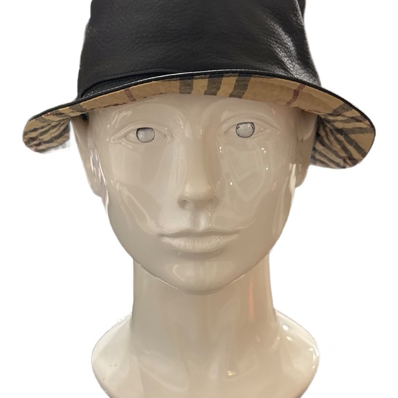 Black Leather Bucket Hat with Plaid Trim(REVERSIBLE)